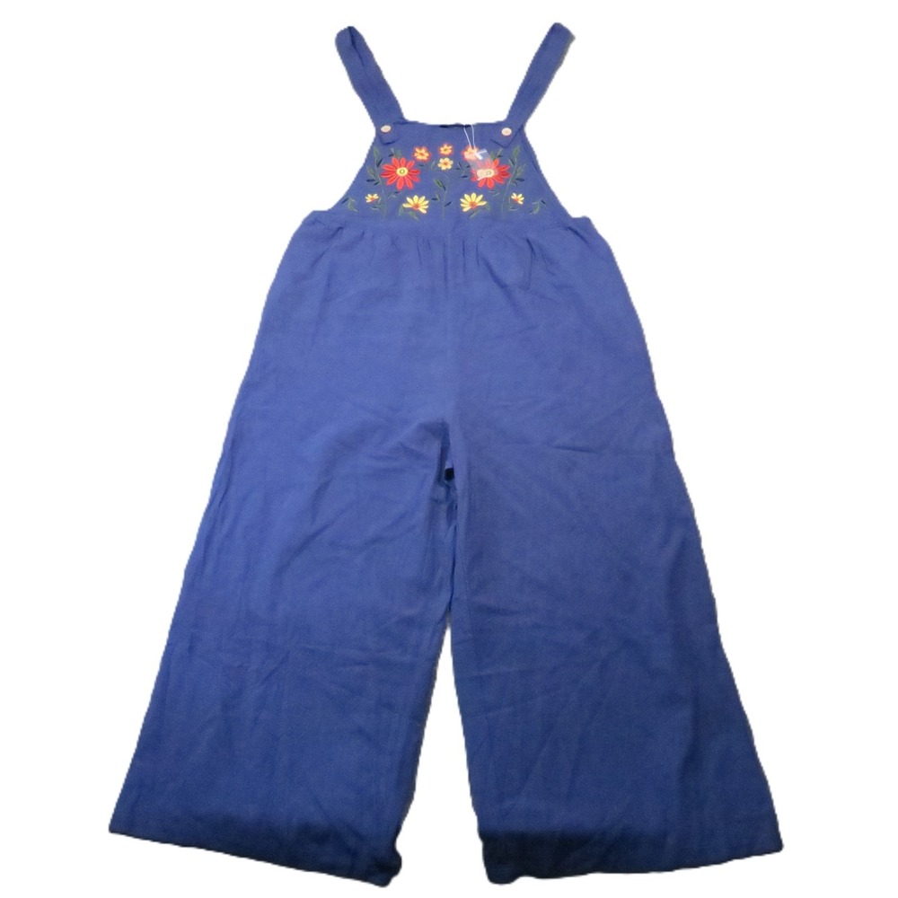 BloomChic Wide Leg Overalls 10 Blue Floral Embroidered Pockets Boho Festival 70s